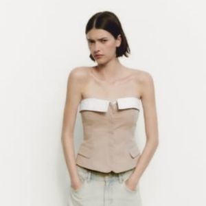 NEW Zara MIXED GABARDINE TOP- BEIGE